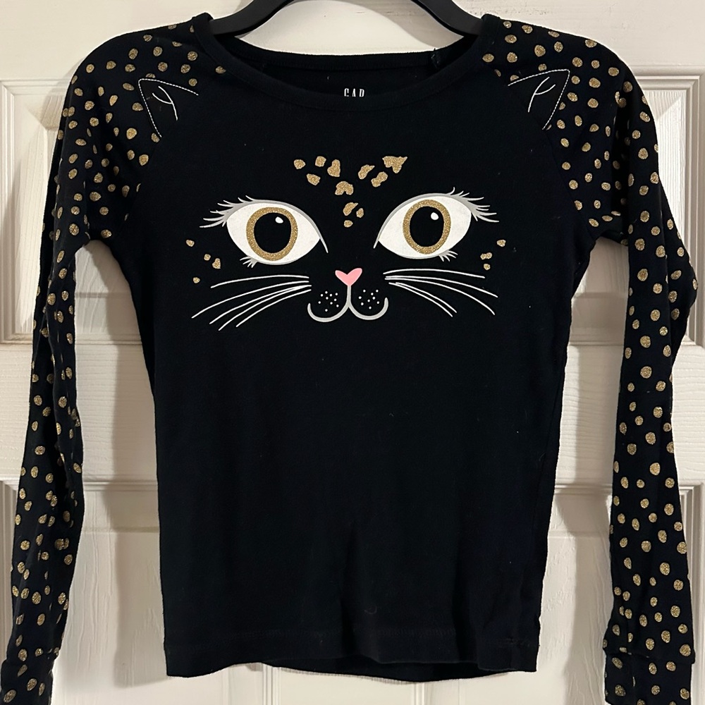 EUC GAP sleepwear Long Sleeve Sleep Black & Gold Poka Dot Cat Shirt, size 10